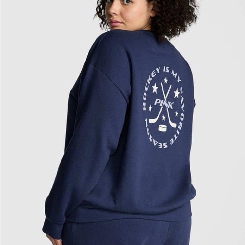 Victoria's Secret PINK Navy Crewneck Sweatshirt with White Graphic XS